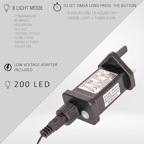 SHATCHI 200 LEDs Fairy String Lights Warm White and Cool White Indoor/Outdoor Christmas Tree/Home/Party/Wedding/Garden Decorations Green Cable 8 Modes Mains Powered Memory Auto Timer - Image 2