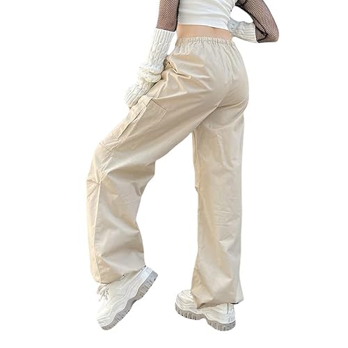 Women's Baggy Cargo Pants Low Waist Hip Hop Sweatpants Drawstring Oversized Loose Wide Leg Hippie Joggers Trousers(F-Beige,Small) #TOP4