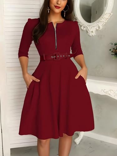SISKIN Women's 3/4 Sleeve Belted A Line with Pocket Casual Crewneck Waist Swing Dress for Women 20253