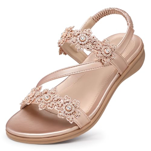 Image of TEMOFON Sandals for Women Flat Dressy Summer Flower Sandals with Ankle Strap Comfortable Casual Walking Flat Sandals Size 5-11