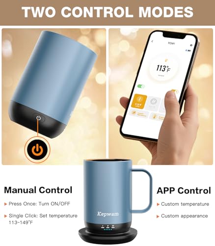 Image of Kepwam Self-Heating Coffee Mug T1-16oz, Fast Heating Rechargeable Heated Coffee Mug, Smart Mug with App & Button Control, Ideal Gift for Coffee Lovers & Hot Drink Enthusiasts