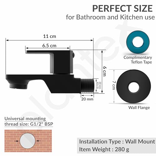 Image of Plantex Single Lever Water Tap for Bathroom with Water-Saving Aerator /Wall Mount Bib Cock with Wall Flange and Teflon Tape /Brass Spindle Bib Tap for Home (Saga-Black)