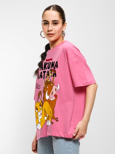 Image of Bewakoof X Disney Hakuna Matata Women's Cotton Graphic Print Oversized Fit Half Sleeve Round Neck T-Shirt | Casual wear | Streetwear | Oversized Tshirt for Woman Cotton| Baggy