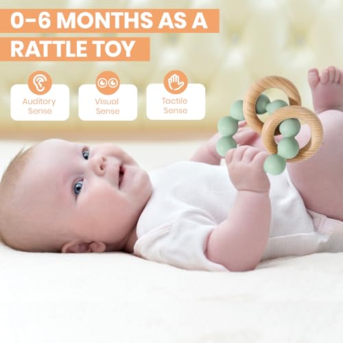Image of Socub Baby Teething Toys for 0-6 6-12 Months- BPA-Free Food-Grade Silicone & Natural Beech Wood Teether Ring for Newborn Infants Teething Relief- Easy-Grip Sensory Rattle Toys(Cambridge Blue)