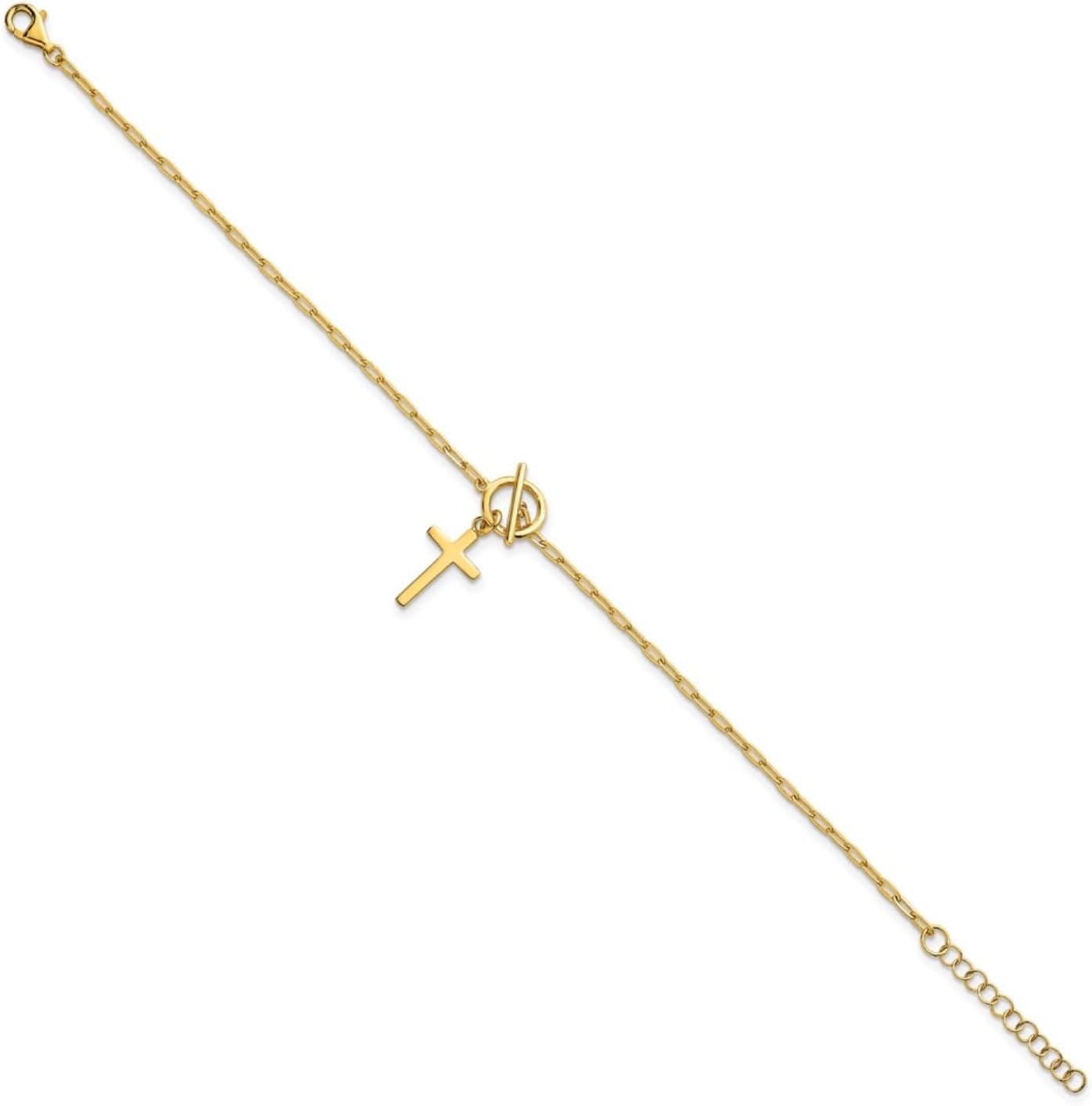 Diamond2Deal Sterling Silver and Yellow Gold-Plated Polished Cross Dangle Paperclip Link Chain Bracelet 6.5" with 1in ext.