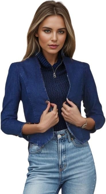 ootptaang Ootpatang Women's Denim Jacket, Blue, Cropped Style, 3/4 Sleeves, Button Front Closure-picture-4