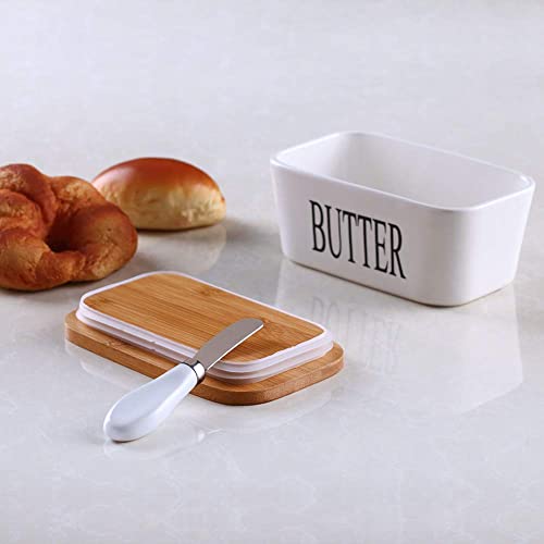 Image of Ceramic Butter Dish with Wooden Lid and Stainless Steel Knife, Large Butter Container Keeper with Bamboo Cover and Silicone Sealing Ring for West and East Coast Butter (White)