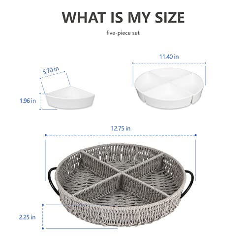 Round Woven Serving Tray With Handles,4 Divided Dishes Platters, Serving Bowls For Snack And Dip, Fruit, Veggie, Candies,Nut,Tray Food For Parties Picnics Breakfast Home Recreation(Φ12.8Inch) #TOP1