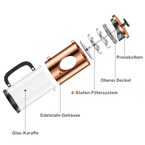 bonVIVO French Press 1L Kupfer-Optik – Kaffeebereiter groß aus Glas & Edelstahl – Kaffeepresse 8 Tassen – Coffee Maker ohne Filter – für Familie & Gäste
