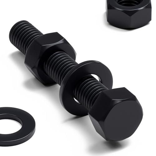 Image of 10x Black Nylon PA66 Hex Head Plastic Bolts, Nuts & Washers, M10 x 50 mm, Fastener, (25 /64 x 1 31 /32 in)