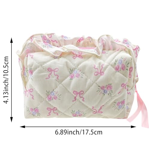 Quilted Makeup Bag, Cute Pouch Toiletry Bag, Travel Toiletry Bag Period Bag, Pink bow tie Toiletry Organizer Bag for Women Girls (Style 1)2