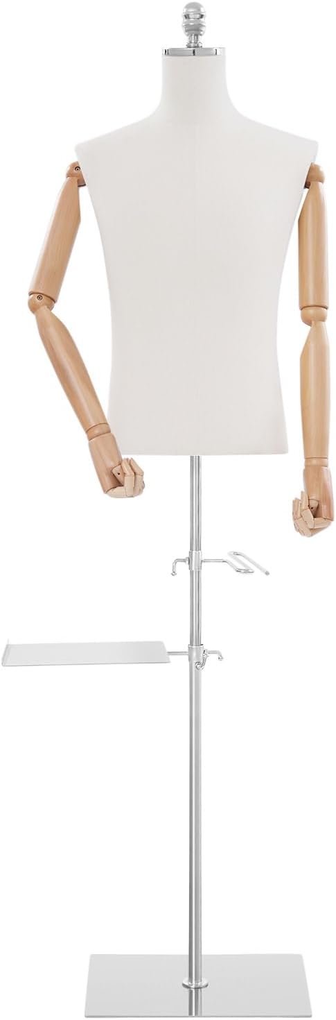 Male Dress Form, Male Mannequin with Wooden Arms Metal Stand, Adjustable Height Torso Body for and Clothing Retail Display and Sewing Shop