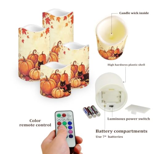 Image of Fall Black Cat Battery Operated Candles Set of 4 | Thanksgiving Day Battery Operated LED Pillar Candles, Flickering Flame, Multi‑Color Changing, Home Decor for Living Room