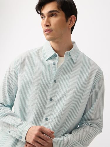 Image of The Souled Store Seersucker: Men and Boys Long Sleeve Spread Collar Striped Lightweight Easy to Style Everyday Office Wear Cotton Relaxed Shirt