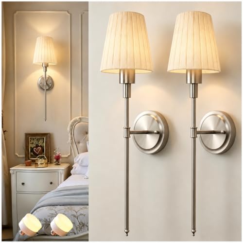 Image of DORESshop Battery Operated Wall Sconce Set of 2, 10 Color Wireless Wall Light Easy to Install, Sconce Wall Decor Set of 2 for Bedroom, Living Room, Pleated Fabric Shade, Nickel, 24.6in