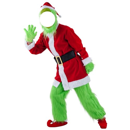 tiggell 6pcs Christmas Green Monster Costume Santa Claus Outfit Evil Costume for Men Halloween Xmas Carnival Cosplay (Red & Green, Large)