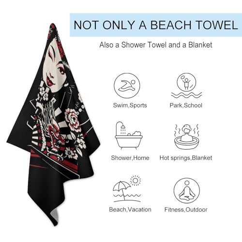 sinyumoney Winking Geisha with Dragon Fan GSM Washable Towels Quick-Dry Absorbent Lightweight Beach Towel for Travel Swimming Pool 130cm*80cm - Image 2