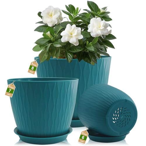 GDJUQZ 8/7/6 inch Plant Pots, 3 Pack Flower Pots for Outdoor Indoor Garden Plants, Large Planters with Multi Mesh Drainage Holes and Saucer (Black-Green, 8'+7'+6')