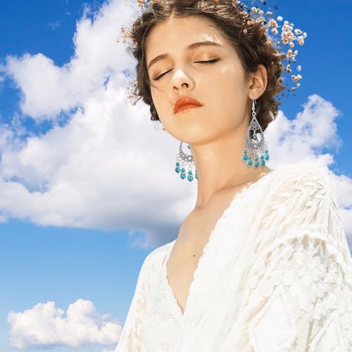 6 Pairs Bohemian Turquoise Dangle Earrings for Women Antique Silver Teardrop Tassel Long Earrings Boho Vintage Jewelry Set2