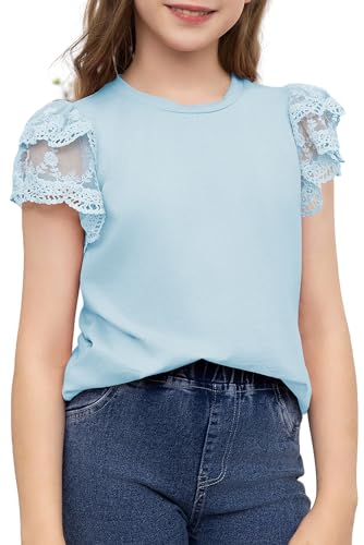 blibean Tween Girl Shirts Little Kid Girls Blouse Summer Short Sleeve Flowy Dress Tops Fashion Casual Dressy Clothes Fancy Solid Blouse Size 6-7 Year Old Light Blue