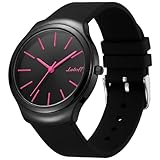 Letoff Black Watch with Pink Accents, Silicone Strap & Minimalist Design, Lightweight Fashion Statement Timepiece Water Resistant 100ft