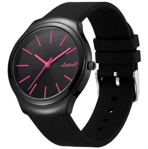 Letoff Black Watch with Pink Accents, Silicone Strap & Minimalist Design, Lightweight Fashion Statement Timepiece Water Resistant 100ft