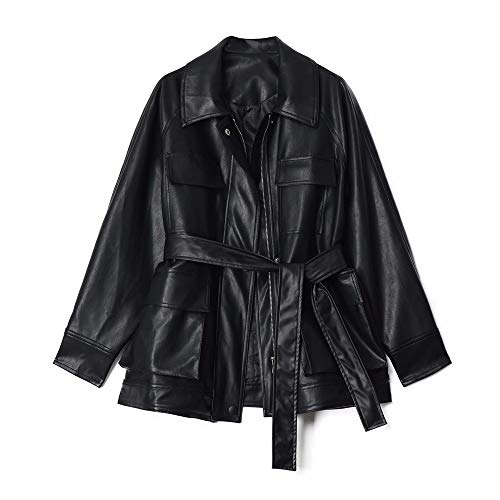 Veste De Style Motard Zippée Pour Dames, Veste En Cuir À Revers En PU Pour Femmes, Couleur Pure Large Lâche Veste En Cuir À Ceinture Évidemment Mince,Noir,S Cover