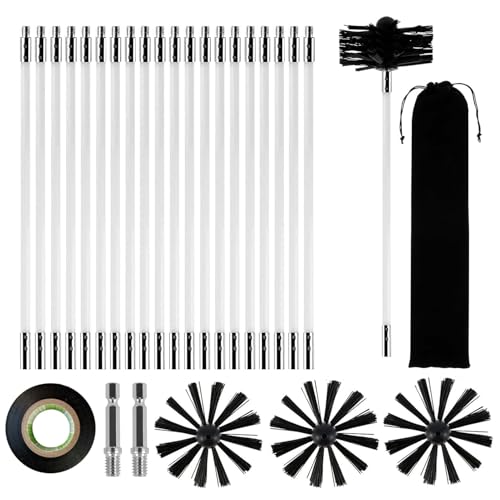 Juego de 27 cepillos de chimenea, cepillo de chimenea de 150 mm, cepillo de limpieza para tubo de chimenea, con 20 barras flexibles de 410 mm, 3 cabezales de cepillo, 1 conector de taladro y