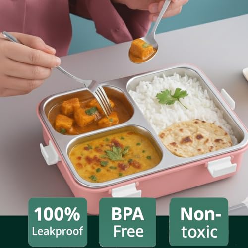 Image of La' Forte Spring Bento Lunch Box | 900 ml | 3-Compartment | 304 Stainless Steel Inner | Leak-Resistant Lid | Microwave-Friendly | School & Office Tiffin | Pink /Blue (Blue)