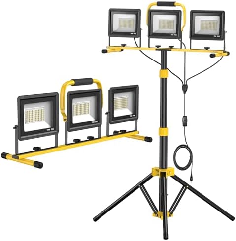 Upgraded LED Work Lights with Stand, 21000 Lumen, 3-Head Adjustable Work Light, Waterproof Foldable Tripod, Extended Cord for Outdoor & Indoor Job Sites, Workshops, Construction, Garage Lighting