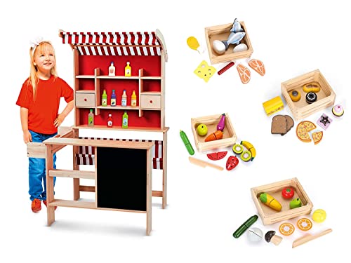 leomark Juguete de Madera para Niños - Un Mercado con Un Toldo y Productos Alimenticios, 4 Caja de Madera, Cortar Frutas y Verduras, Multicolor, Altura: 117 cm