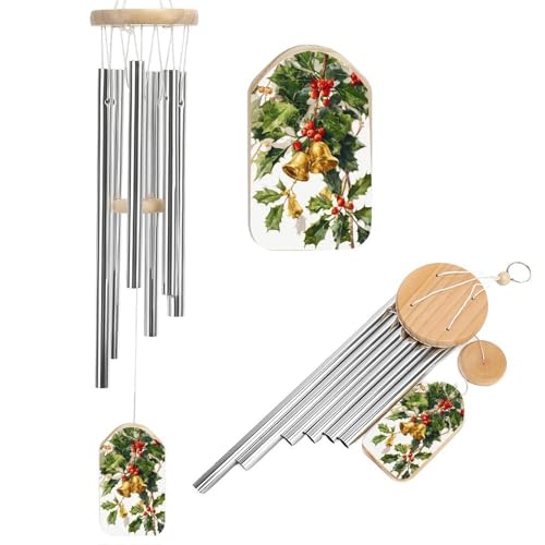 Scacciapensieri festivi con campane dorate e foglie di agrifoglio, scacciapensieri con 6 tubi in alluminio, decorazione da giardino