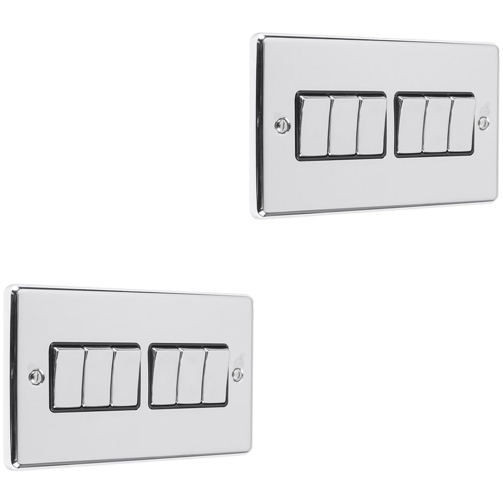 Lichtschalter, 6-Gang-Multi-Lichtschalter, poliertes Chrom und Schwarz, 2-Wege, 10 A, Metall-Wippschalter, dekorative Küche, Wohnzimmer, Schlafzimmer, 2 Stück