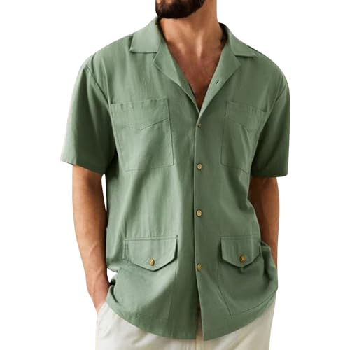 Camisa de hombre de manga corta camisa de lino camisas casuales cuello cubano mangas cortas camisas de color sólido camisas con bolsillos camisa de verano camisa informal para hombre 's cargo camisa
