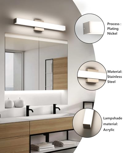 Image of 24 inch LED Square Vanity Light, 14W 4000K Dimmable, Brushed Nickel | Wall Bar Light, Rust & Moisture Resistant, Natural White light, Energy-saving, moisture-proof, Dresser Bathroom over Mirror