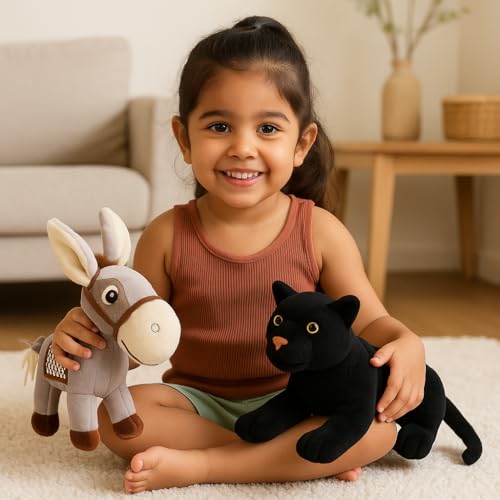 Image of Cute Donkey & Panther Plush Toy Combo - 30 cm Soft Stuffed Animals for Kids | Super Soft & Huggable for Boys & Girls (Pack of 2)