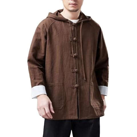 LUZU JUNU Mens Long Sleeve Linen Cotton Hippie Shirts Retro Style Drawstring Hoodie Jacket Button Up Sweatshirts (US, Alpha, X-Large, Regular, Regular, Coffee) Cover