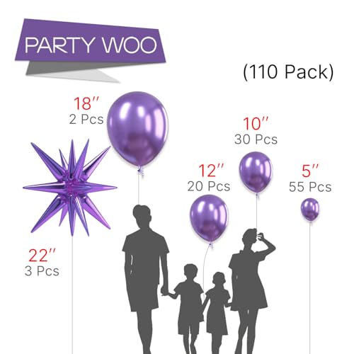 Image of PartyWoo Metallic Purple Star Balloons 110pcs Different Sizes 18 12 10 5 Inch Pack 22 Inch Purple Spike Star Foil Mylar Balloon Arch Kit for Birthday Wedding Party Decorations Purple-G105