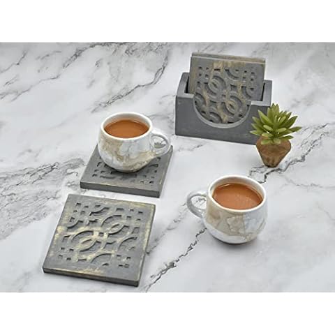 STORE INDYA Set of 4 Wooden Square Coasters with Holder for Tea Coffee Beer Wine Glass Drinks-Grey Finish Tabletop Protection for Any Table Perfect Coasters Fits Any Size of Drinking Glasses Cover