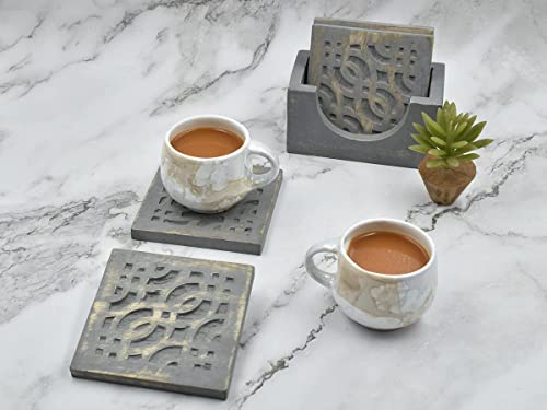 STORE INDYA Set of 4 Wooden Square Coasters with Holder for Tea Coffee Beer Wine Glass Drinks-Grey FinishÂ Tabletop Protection for Any TableÂ Perfect Coasters Fits Any Size of Drinking Glasses
