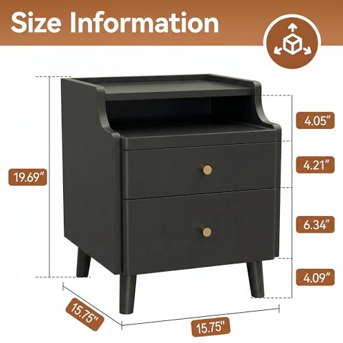 Image of Nightstand Set of 2, Pre-Assembled, 19.7 inchH Solid Wood Night Stand with 2 Drawers, Open Sliding Shelf, Mid Century Modern Small Bedside Table for Bedroom, Black 16 inch