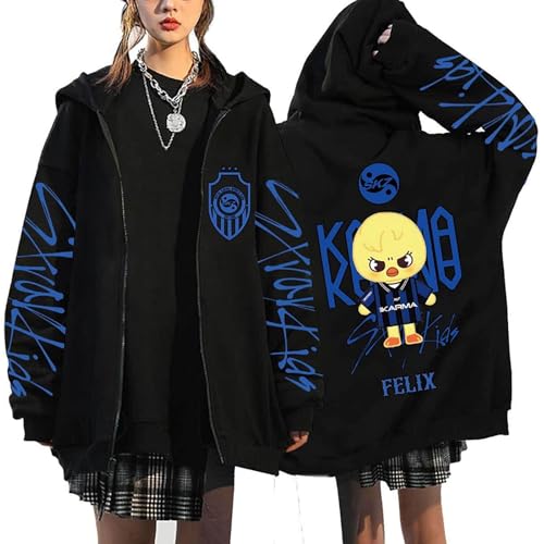 SKZ Veste à capuche Y2K Sweat à capuche pour femme Fan Support Merch Pull avec imprimé Streetwear Mode Style coréen Veste à manches longues Fermeture éclair Sweat-shirts BangChan Lee Know Changbin, A