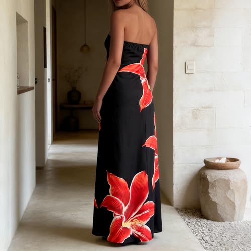 Image of Zwirelz Women Strapless Maxi Dress Boho Floral Print Flowy Long Tube Dress Off Shoulder Loose Beach Sundress