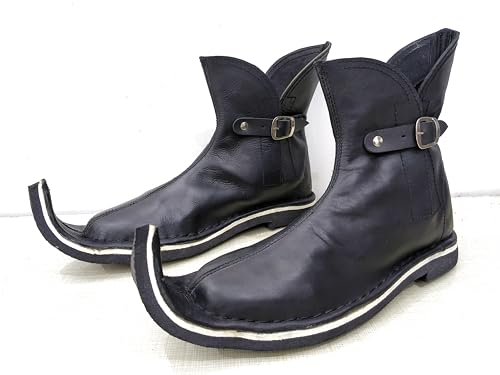 Medieval Leather Poulaines Boots, Black Fantasy Cosplay Shoes, Curved Pointed Toe - Main Image