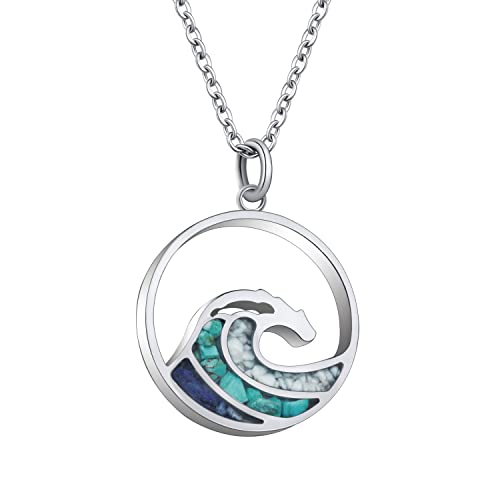 Lauren-Spencer Ocean Wave Pendant Necklace for Women, Ocean Beach Themed Jewelry Gifts for Women, Turquoise Sodalite Chips Stainless Steel Necklace, Blue Surf Necklace for Women