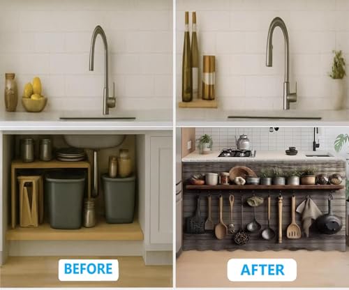 Image of Premium Printed Kitchen Sink Curtain with Rod Pocket | Under Sink Storage Cover | Washable Dustproof Cabinet Curtain for Kitchen Counter, Wash Basin (Brown, Pack of 2)