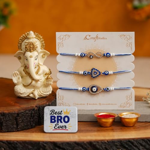 Image of eCraftIndia Evil Eye Rakhi Set of 3 for Brother with Best Bro Ever Fridge Magnet & Lord Ganesha Idol | Designer Nazar Rakhi Combo | Raksha Bandhan Gift Set for Bhai