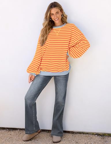 UEU Women Oversized Striped Crewneck Sweatshirt Long Sleeve Color Block Pullover Tops Casual Loose Workout Shirt Orange Yellow Striped XX-Large