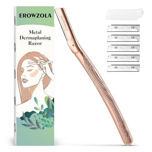 EROWZOLA Eyebrow Razor, Face Razors for Women and Men, Reusable Metal Handle with 6 Refill Blades, Eyebrow Trimmer with Precision Cover, Dermaplane Razor, Skin Care Tool - Rose Gold