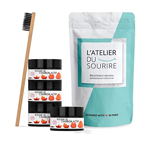 4 Poudres de charbon + brosse a dent bambou L’ATELIER DU SOURIRE Blanchiment des dents naturel - poudre à base de charbon vegetal. Utilisez notre charbon actif pour un blanchiment dentaire (Fraise)